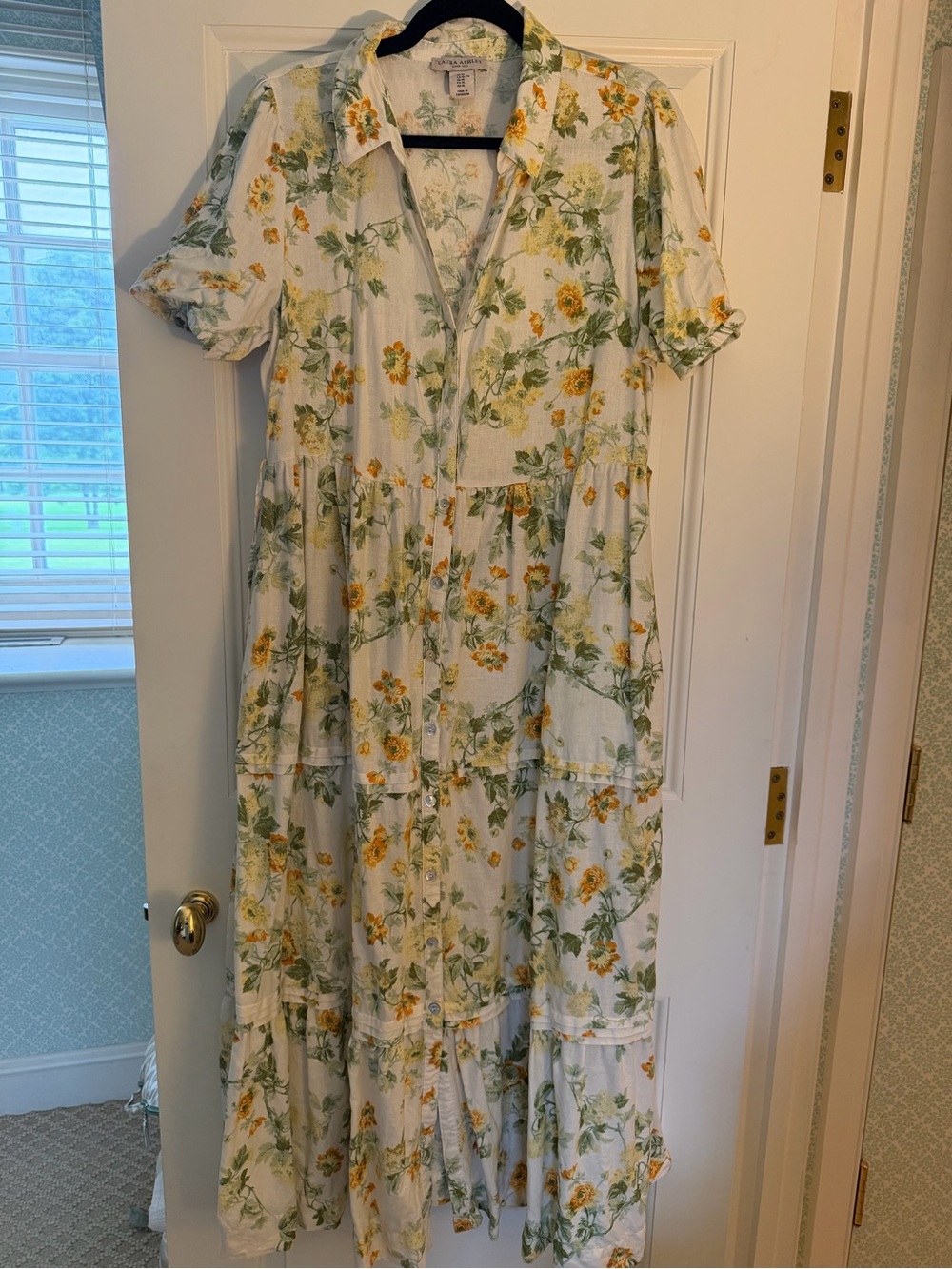 Laura Ashley White Maxi Dress with Yellow and Green Floral Print